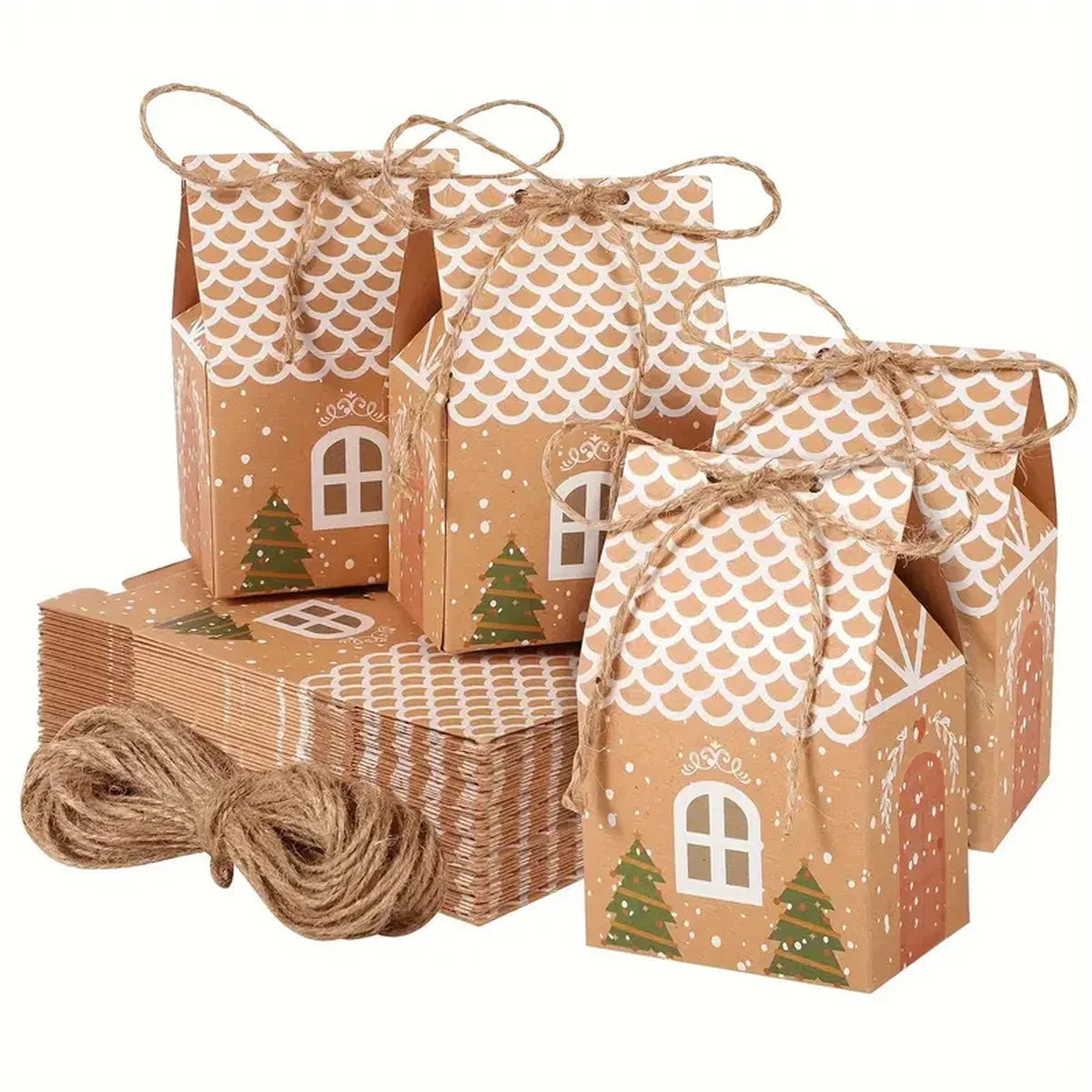 Kerst Peperkoek Huis Geschenkdozen – Set van 12 of 50 Kraftpapier Dozen voor Feestelijke Cadeaus