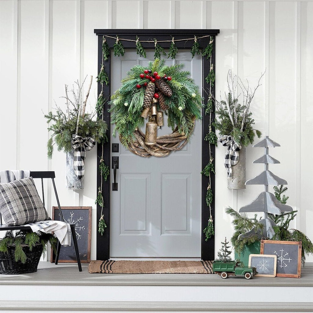 Cozy Christmas wreath with natural bells and wooden accents