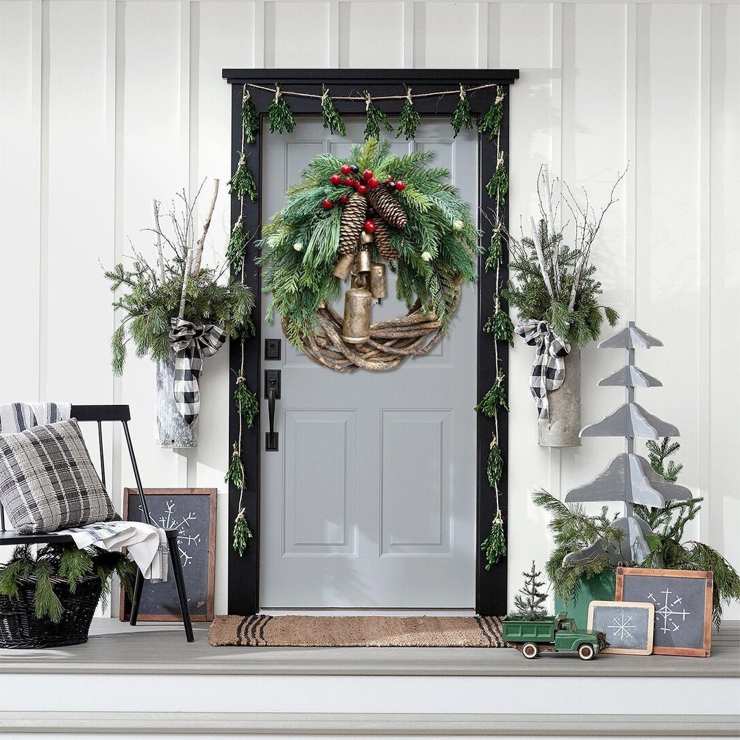Cozy Christmas wreath with natural bells and wooden accents