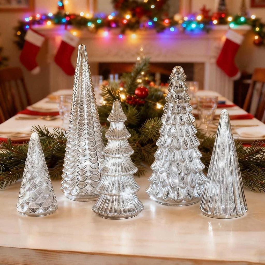 GlansPine LED Pine Set – 5-piece Silver Christmas Decoration with Warm Light