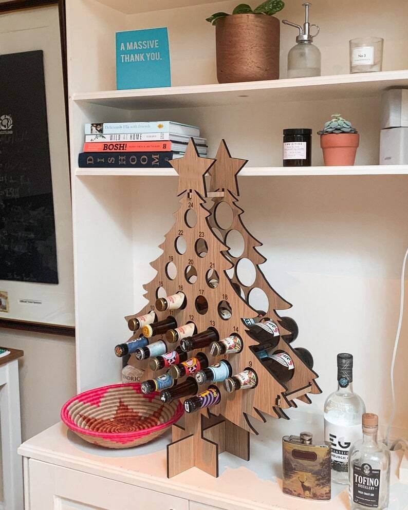 Wooden Advent Calendar | Christmas Tree Shape & Refillable | For Beer, Wine & Mini Bottles | Reusable