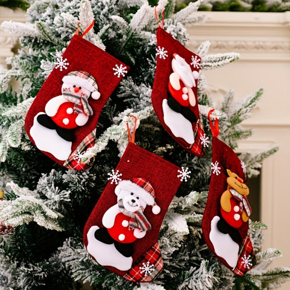 Set Red Christmas Socks with Santa, Snowman, and Reindeer for Festive Decoration