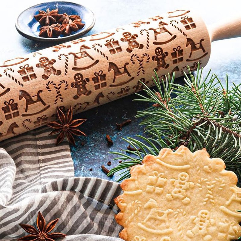 Handmade rolling pin with decorative Christmas embossing