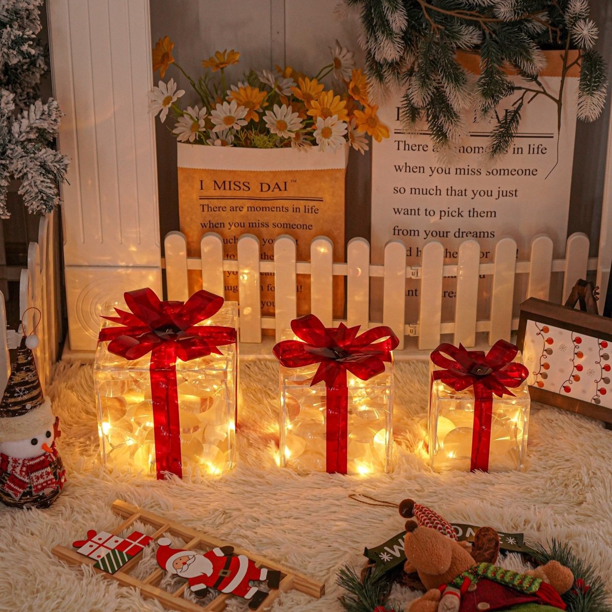 Lighted Christmas Gift Box Set of 3 with Warm White LEDs for Indoor and Outdoor Decor