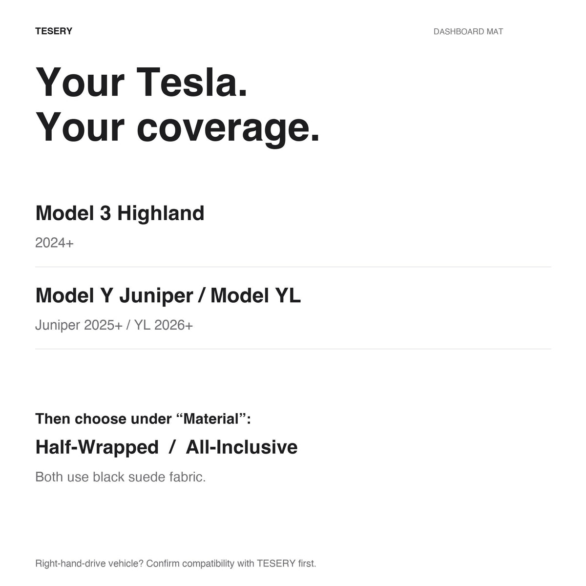 Suede-Fabric Dashboard Mat for Tesla Model 3 Highland, Model Y Juniper & YL