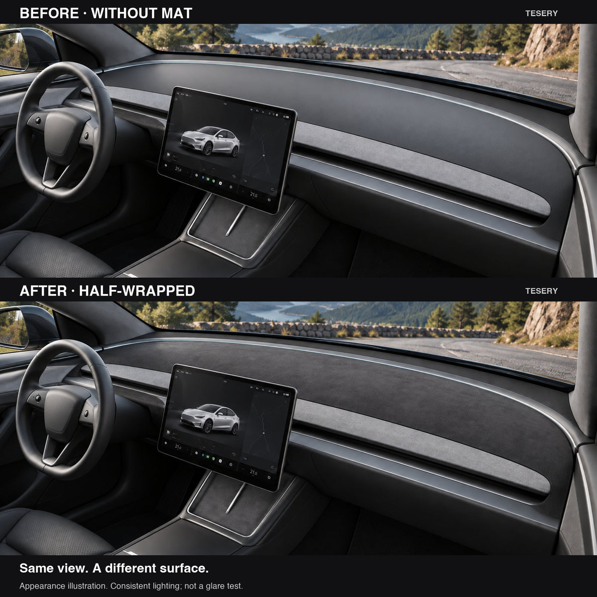Suede-Fabric Dashboard Mat for Tesla Model 3 Highland, Model Y Juniper & YL