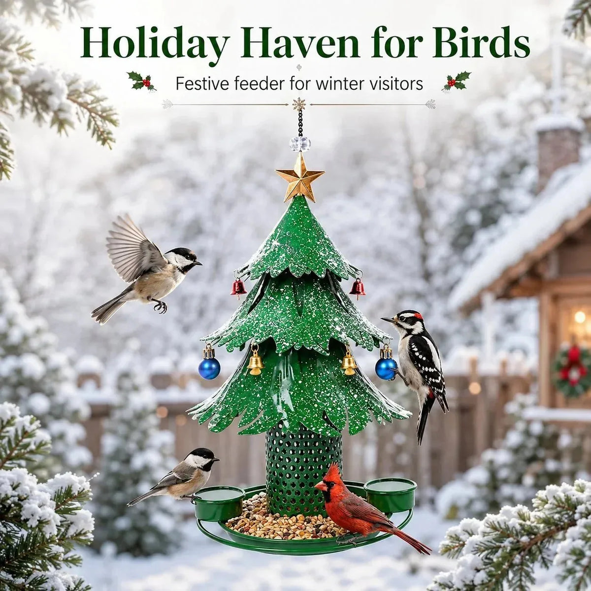 Christmas Tree Bird Feeder with Snowy Bells