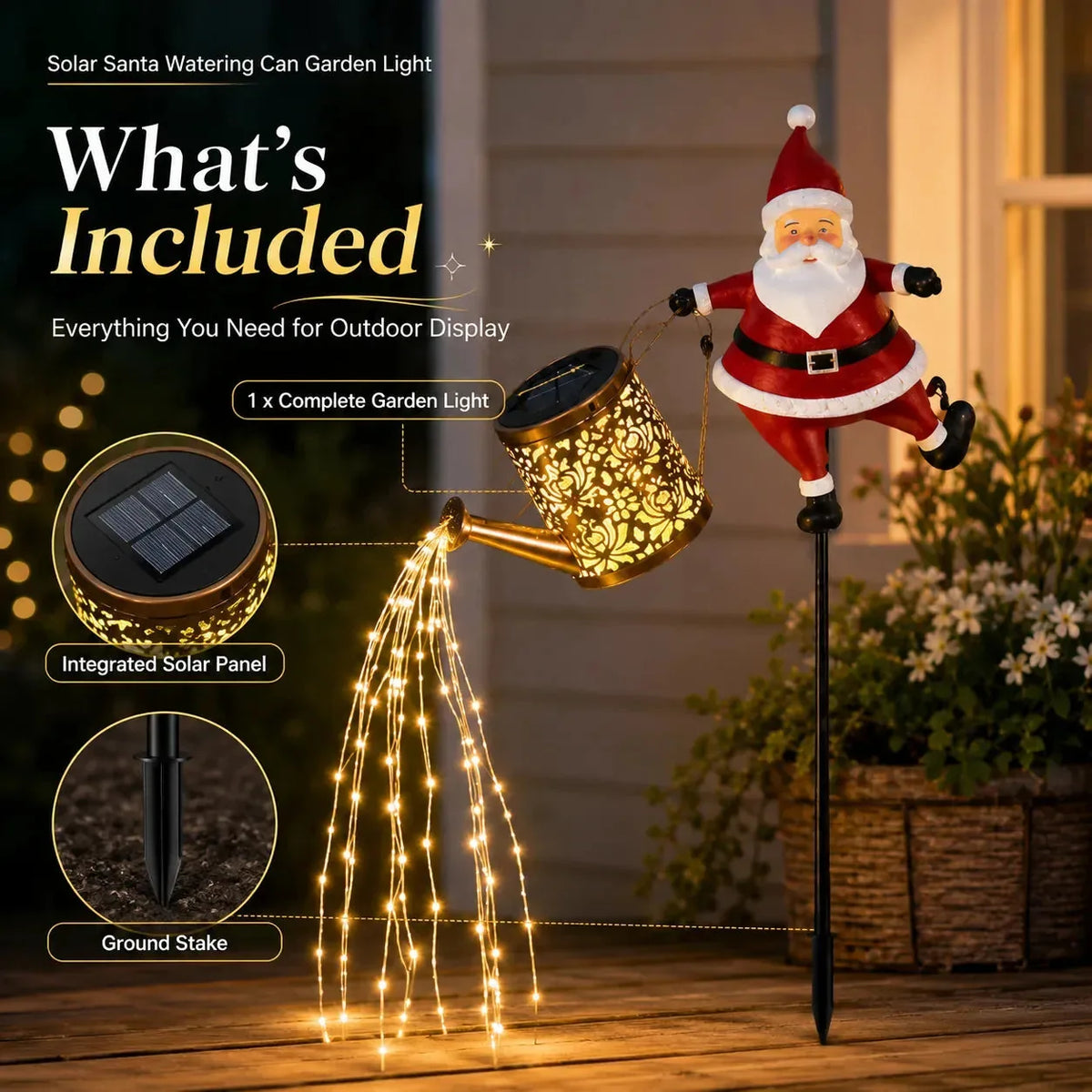 Solar Santa Watering Can Christmas Garden Light