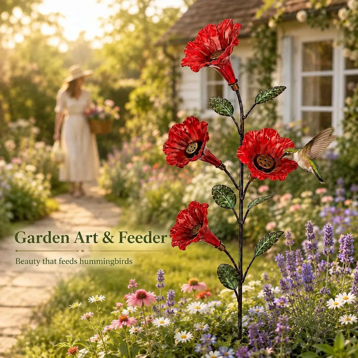 Red Trumpet Flower Hummingbird Feeder Garden Stake