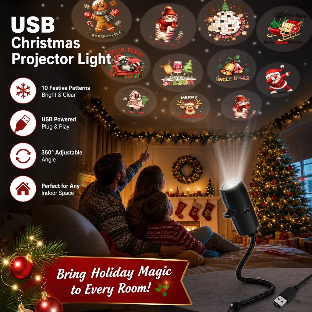 Plug-and-Play Christmas Projector with 10 Festive Scenes