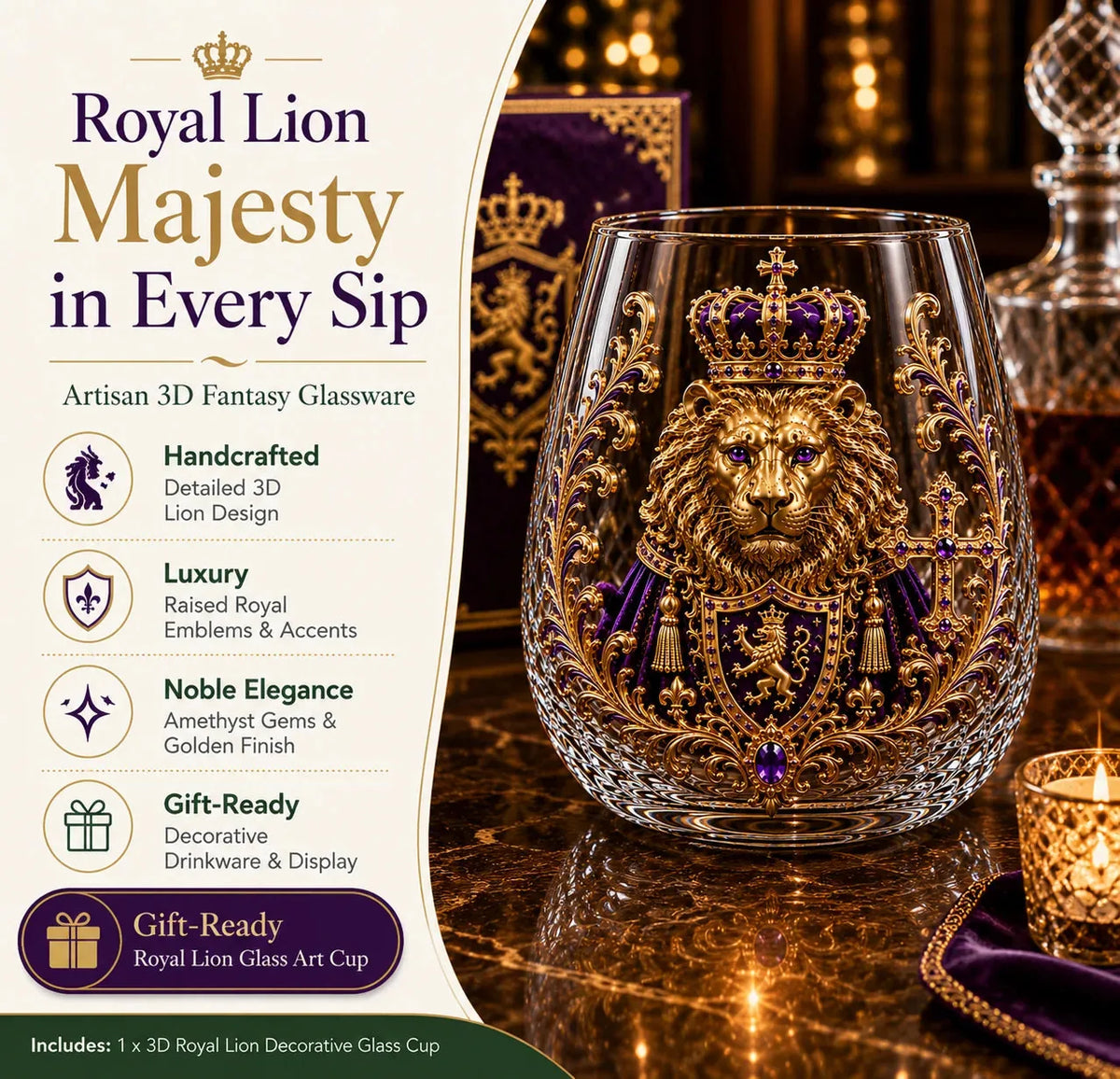 3D Crowned Lion Crystal Whiskey Glass