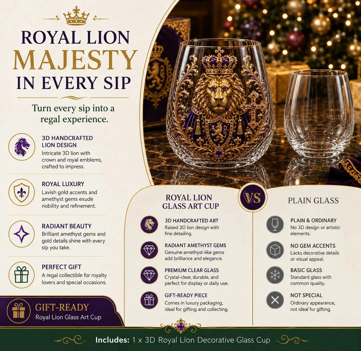 3D Crowned Lion Crystal Whiskey Glass