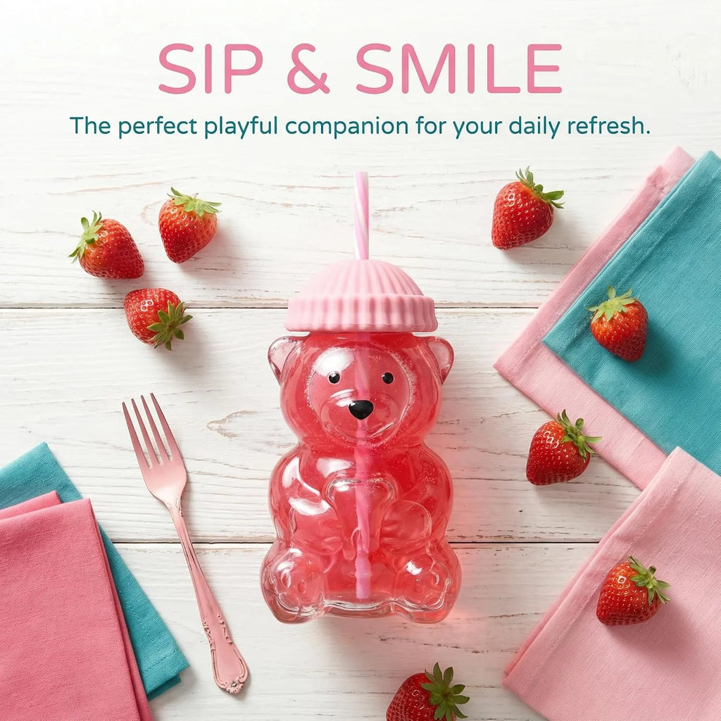 Bear-Shaped Glass Tumbler with Plush Hat