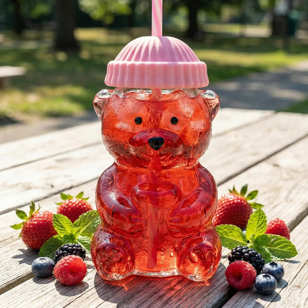 Bear-Shaped Glass Tumbler with Plush Hat