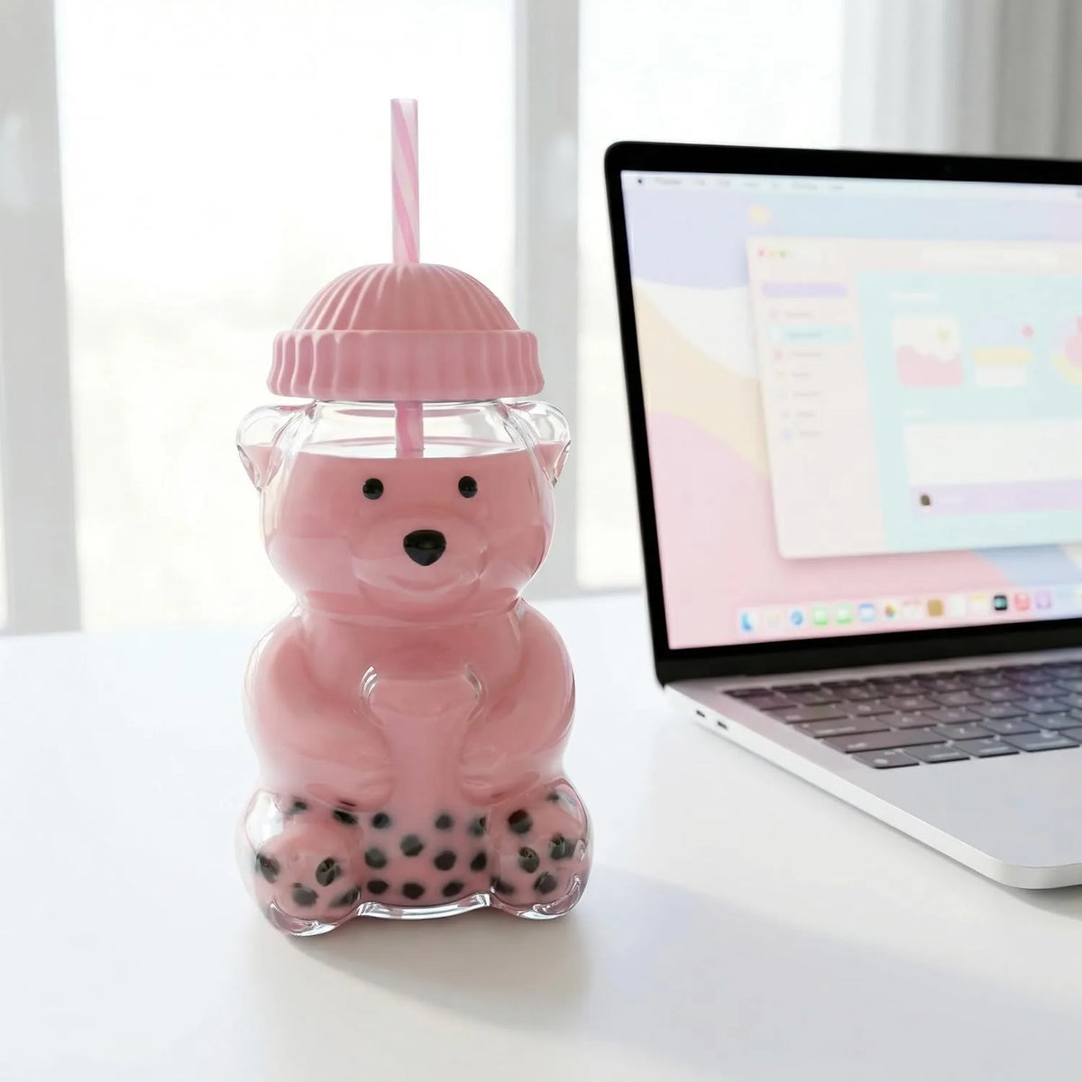 Bear-Shaped Glass Tumbler with Plush Hat