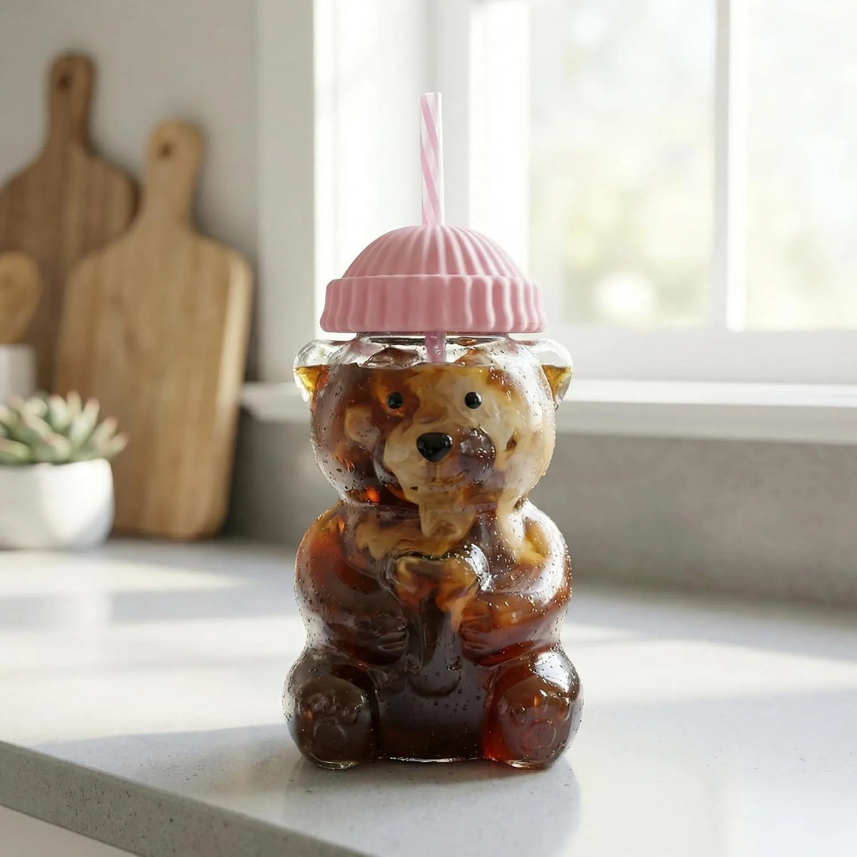 Bear-Shaped Glass Tumbler with Plush Hat