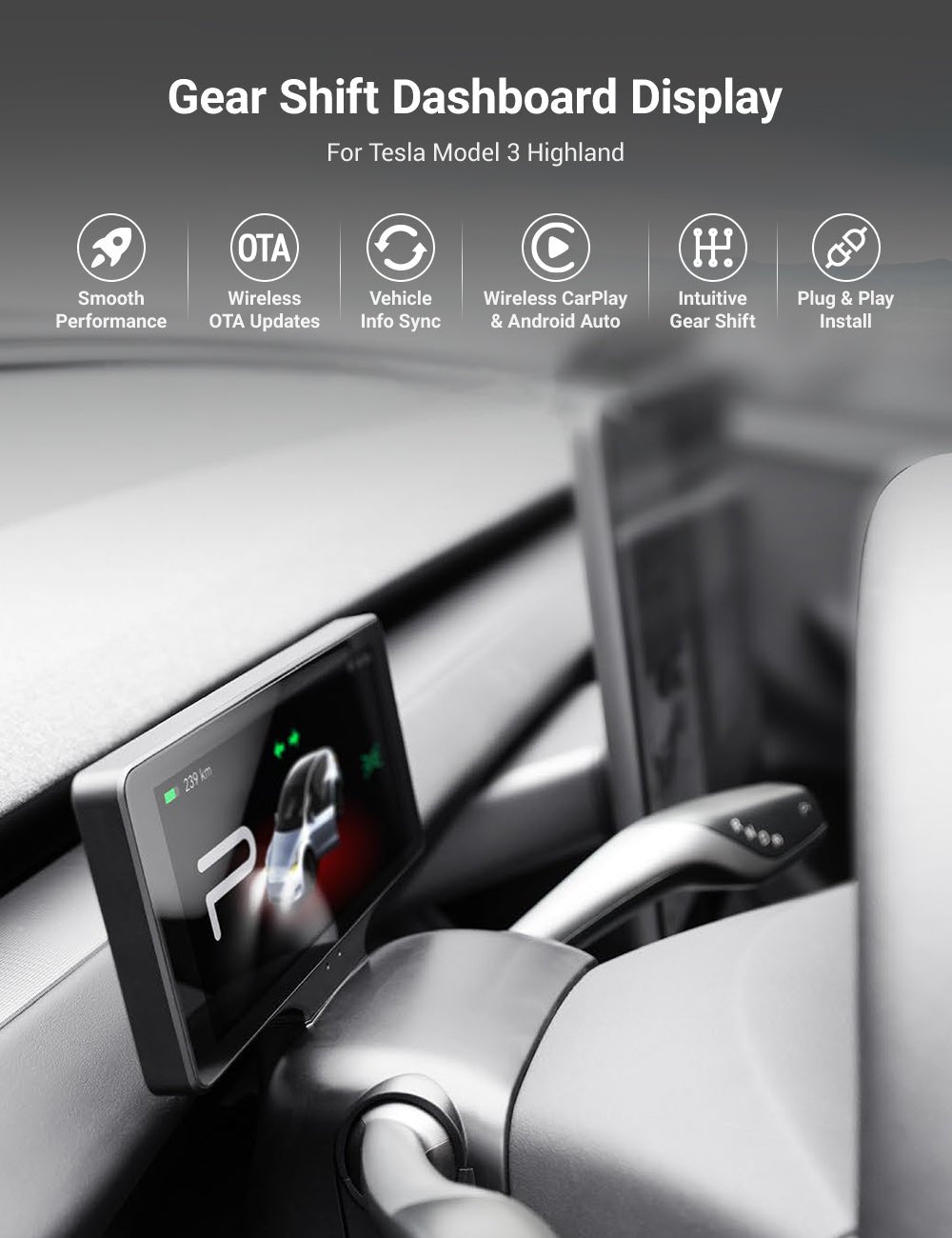 Sikunuo 7′′ Gear Shift Touch Screen Dashboard Display for Model 3 Highland / Model Y Juniper