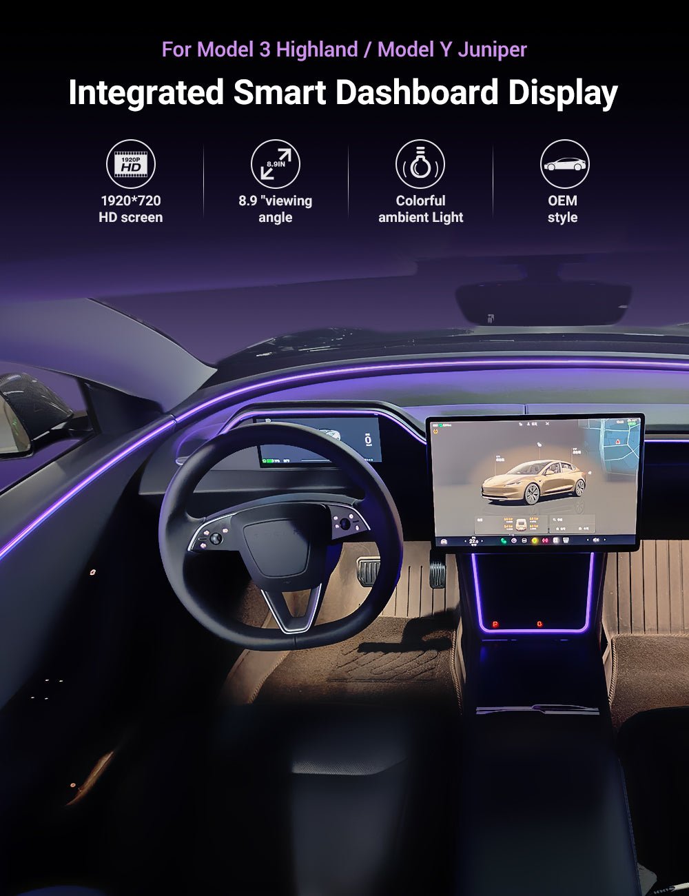Sikunuo 8.9'' Dashboard Display with Ambient Lighting for Model 3 Highland / Model Y Juniper