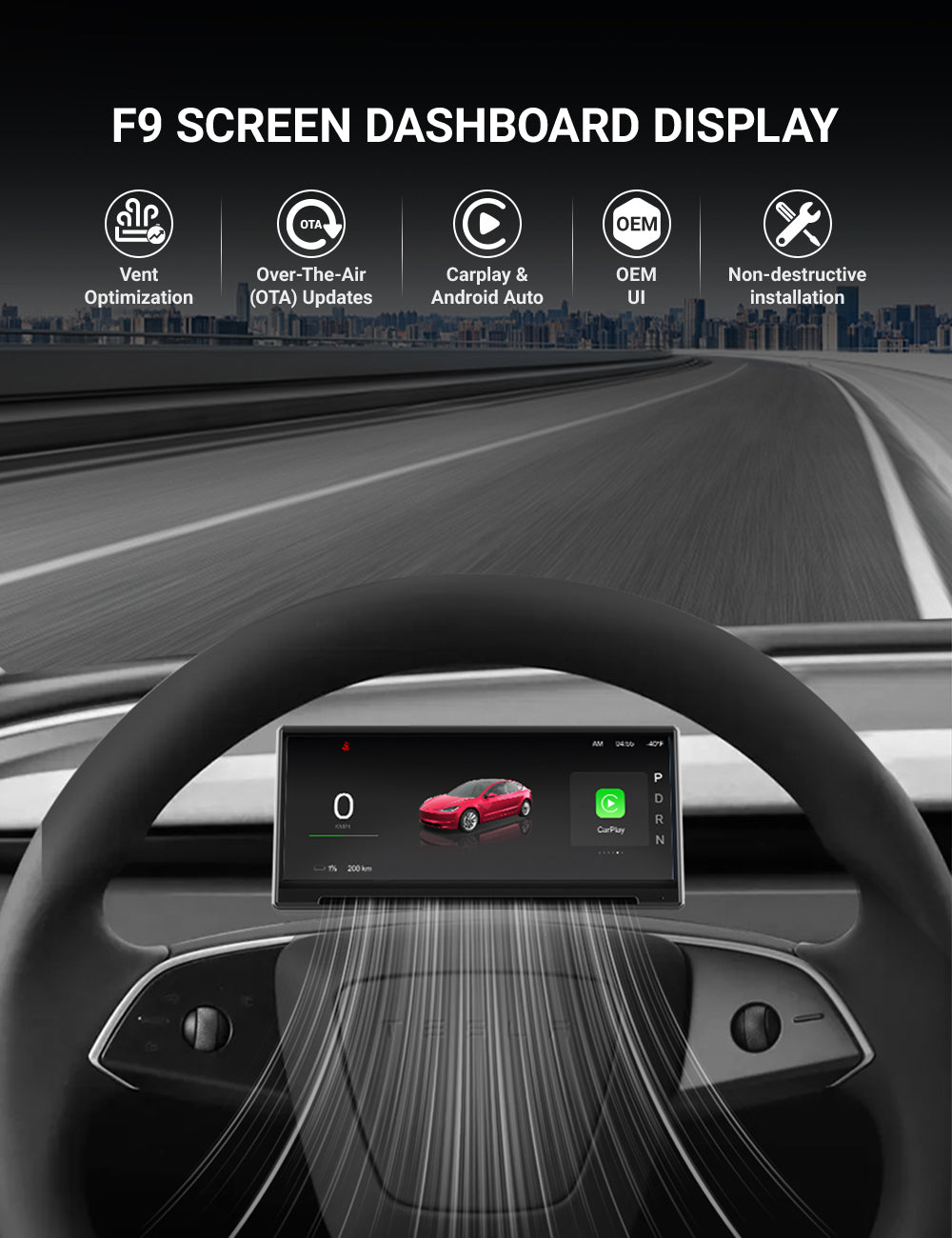 Sikunuo F9 Pro Screen Dashboard Display With Carplay & Android Auto for Model 3 / Model Y