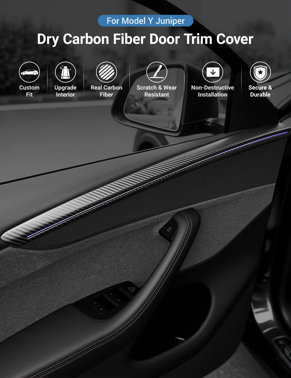 Sikunuo Dry Carbon Fiber Door Trim Cover for Tesla Model Y Juniper