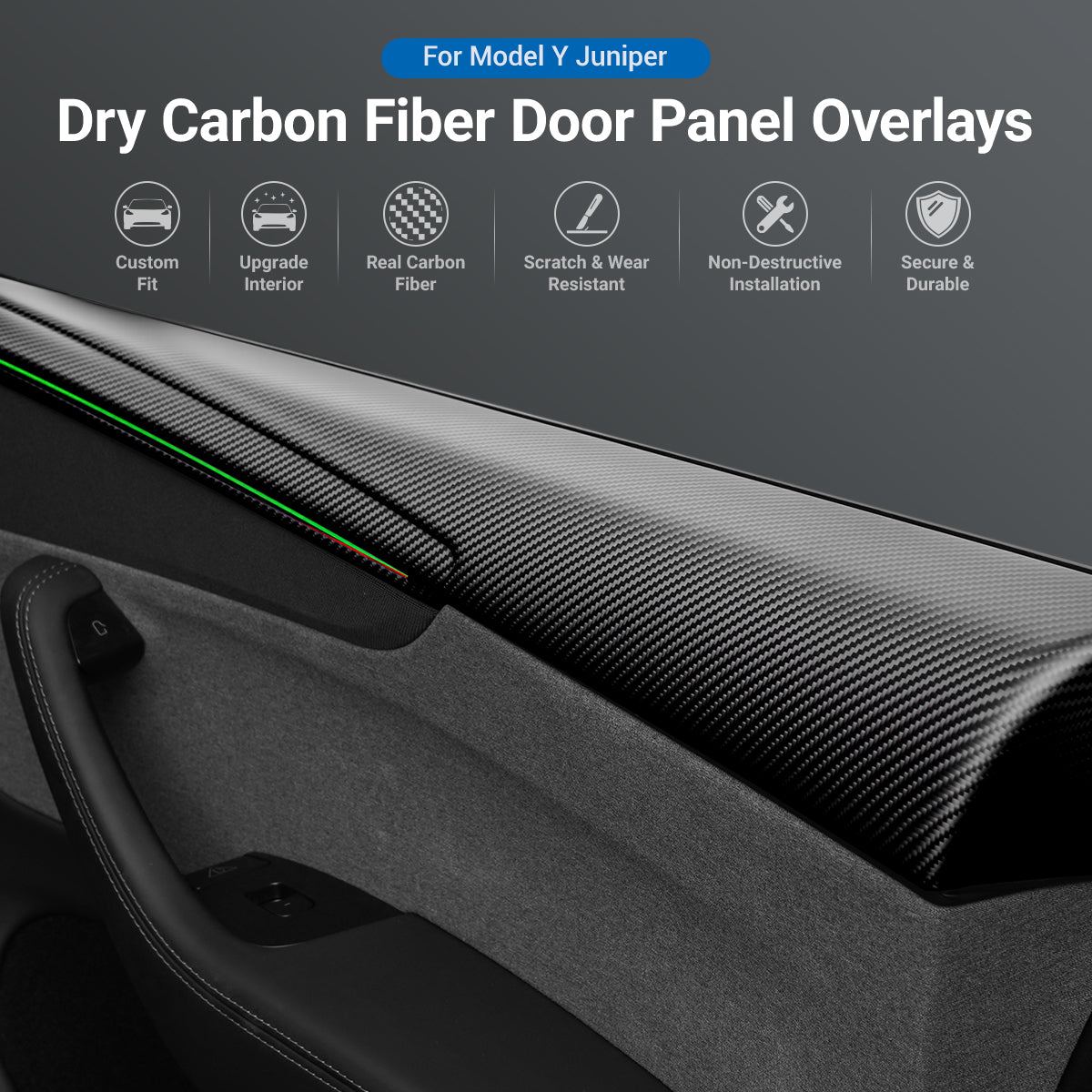 Sikunuo Dry Carbon Fiber Full Upper Oversized Extended Door Panel Overlays for Model Y Juniper