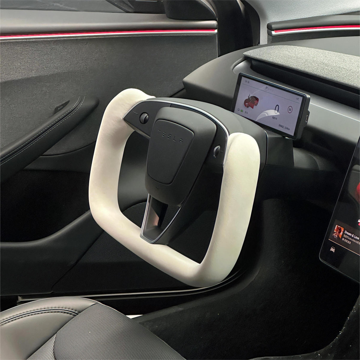Sikunuo Model 3 Highland & Model Y Juniper Yoke Plaid Steering Wheel 【White Leather】