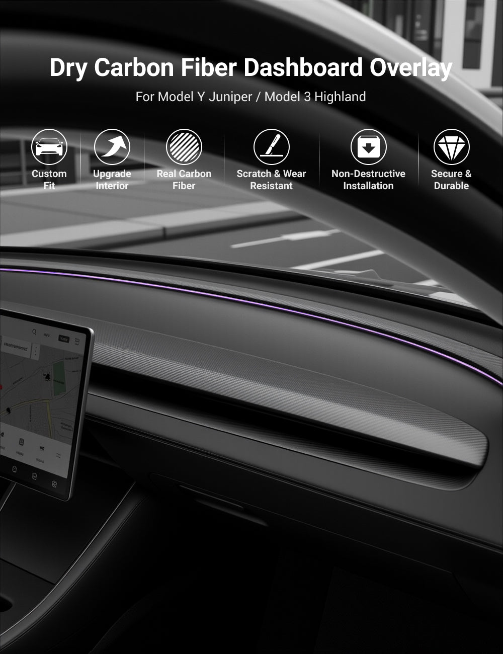 Sikunuo Real Dry Carbon Fiber Dashboard Cover Overlay for Model 3 Highland / Model Y Juniper