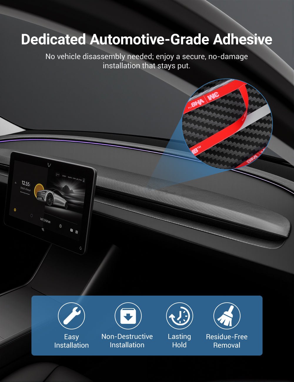 Sikunuo Real Dry Carbon Fiber Dashboard Cover Overlay for Model 3 Highland / Model Y Juniper