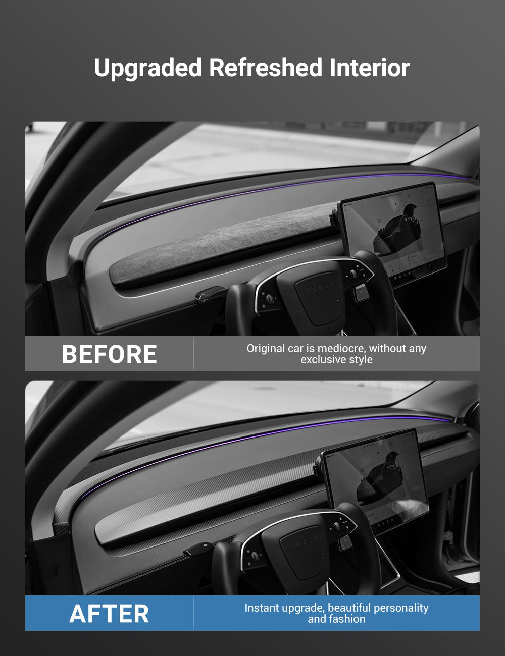 Sikunuo Real Dry Carbon Fiber Dashboard Cover Overlay for Model 3 Highland / Model Y Juniper