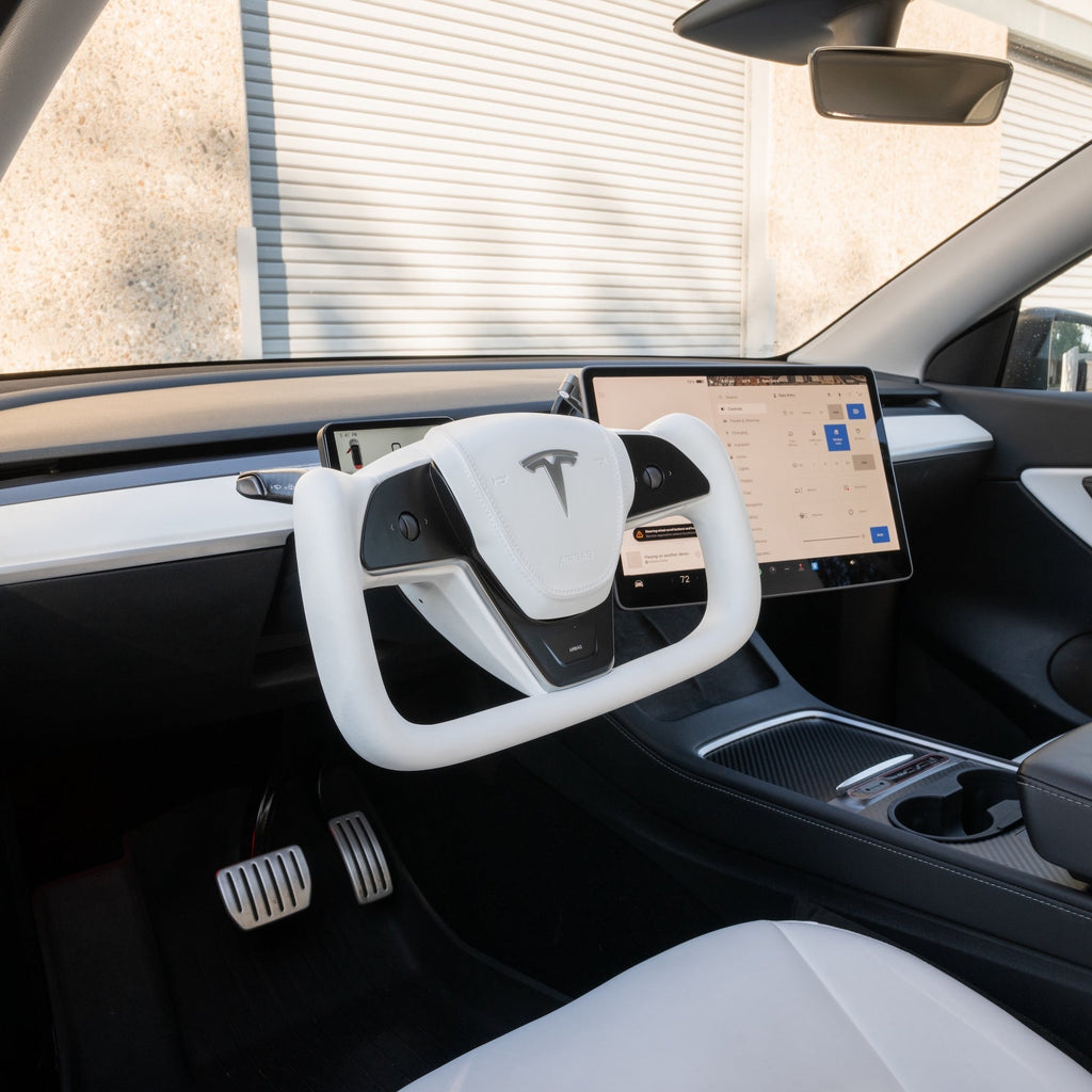 Sikunuo Yoke Plaid Steering Wheel for Tesla Model 3 / Y【White Leather】