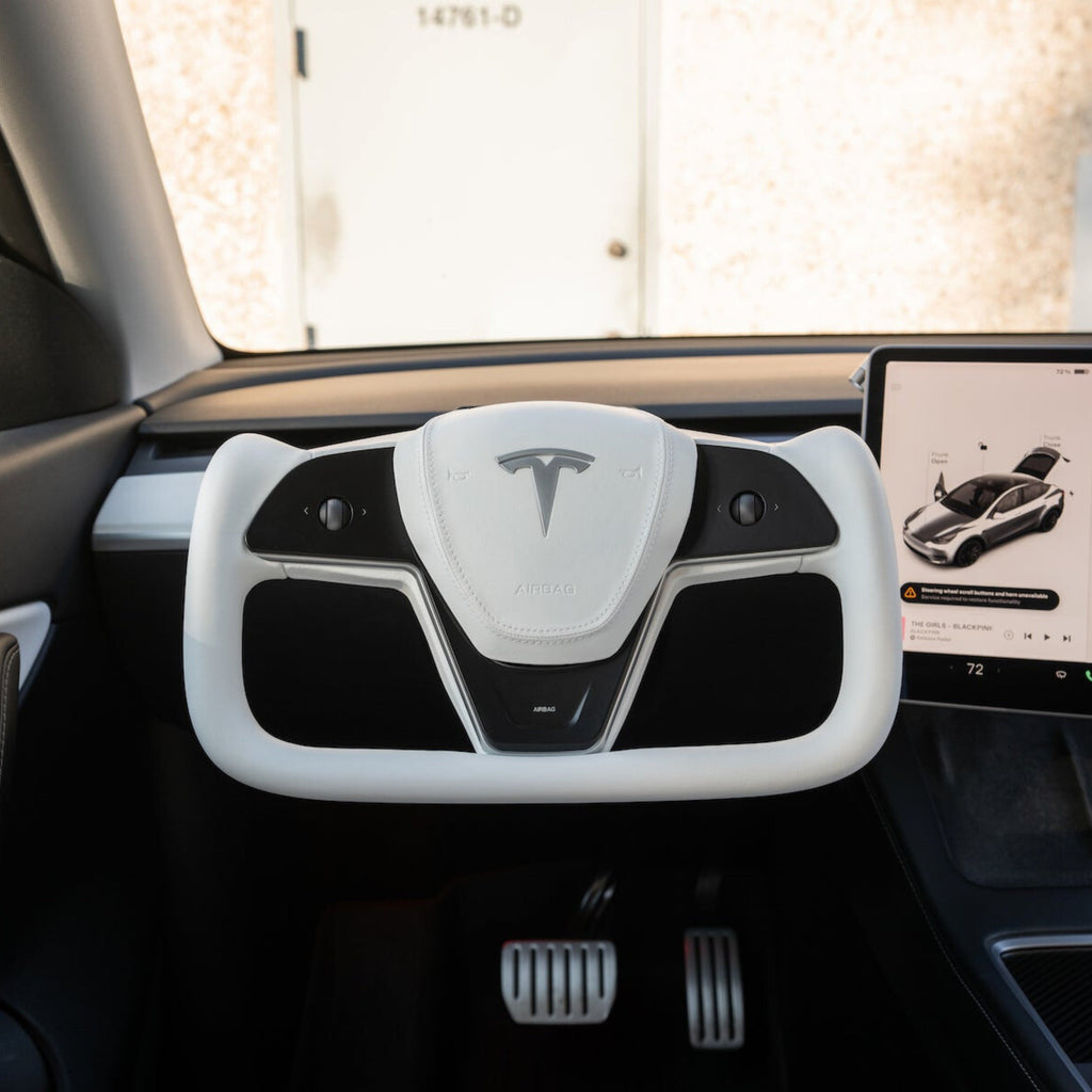 Sikunuo Yoke Plaid Steering Wheel for Tesla Model 3 / Y【White Leather】
