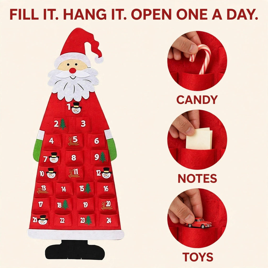 Felt Santa Advent Calendar - Reusable Hanging Calendar with 24 Compartments