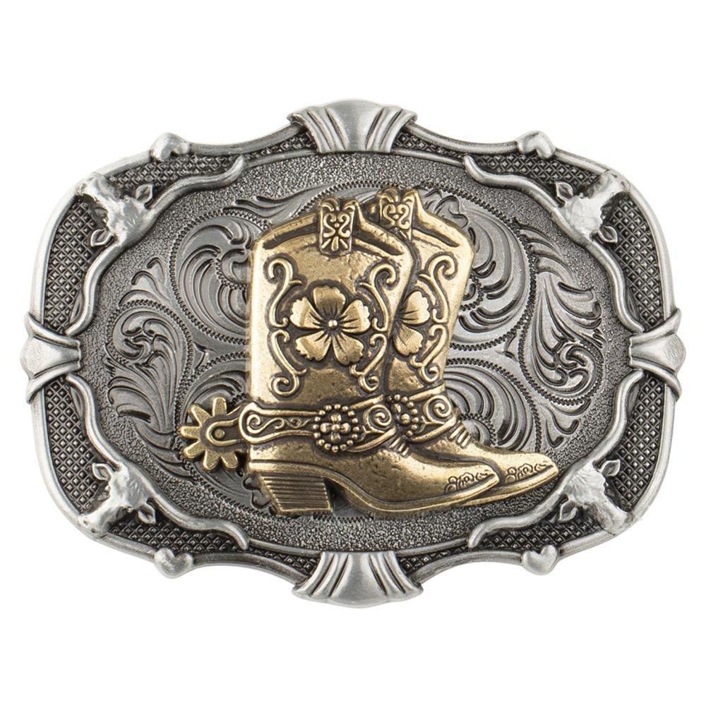 Western Belt Buckle Antique Silver Cowboy Boot Longhorn Floral Scroll