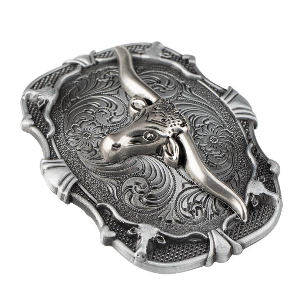 Western Belt Buckle Antique Silver Cowboy Boot Longhorn Floral Scroll