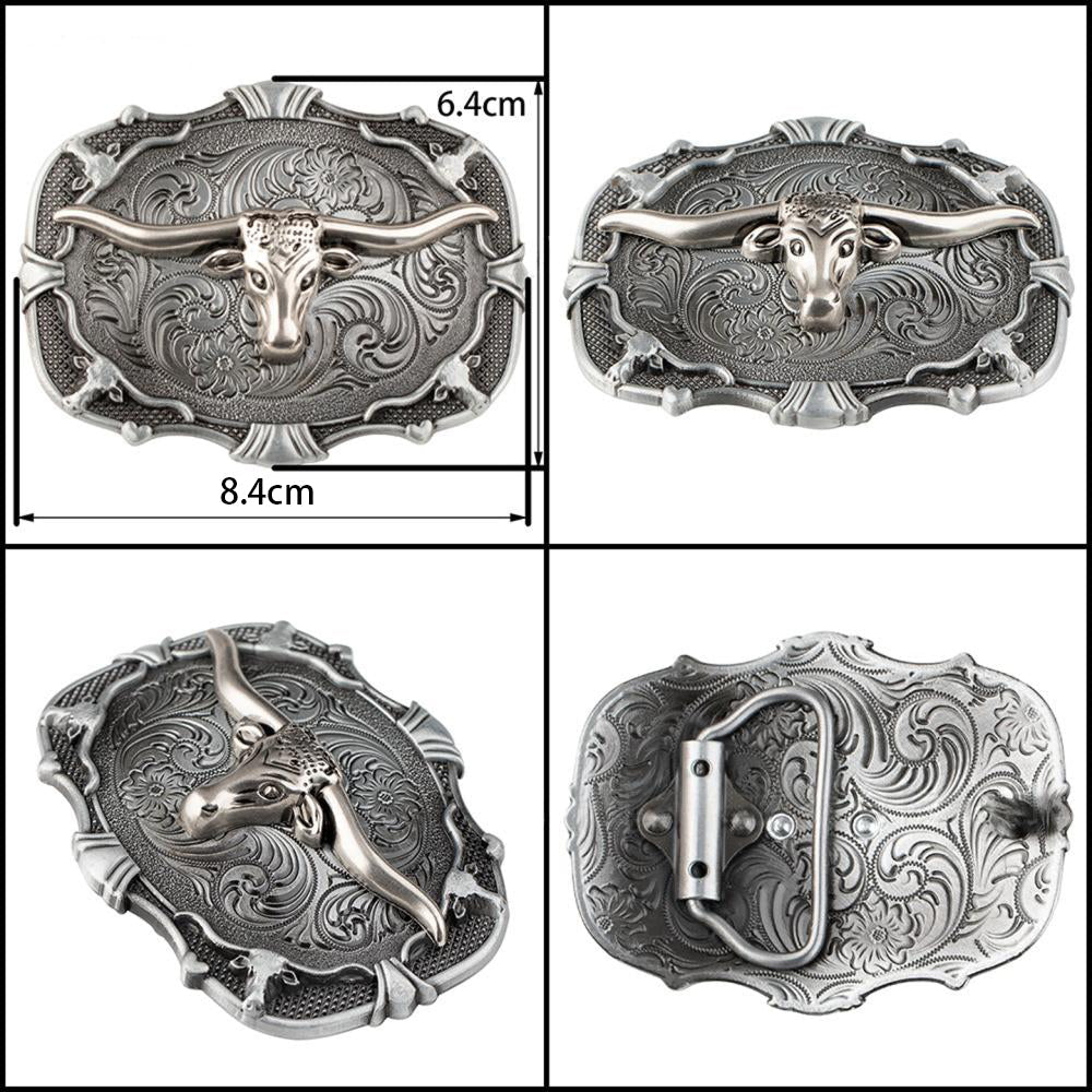 Western Belt Buckle Antique Silver Cowboy Boot Longhorn Floral Scroll