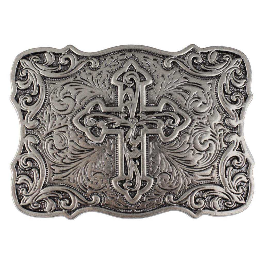 Western Cross Belt Buckle Antique Silver Floral Scroll Christian