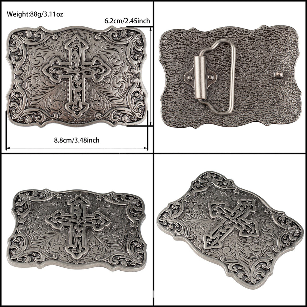 Western Cross Belt Buckle Antique Silver Floral Scroll Christian