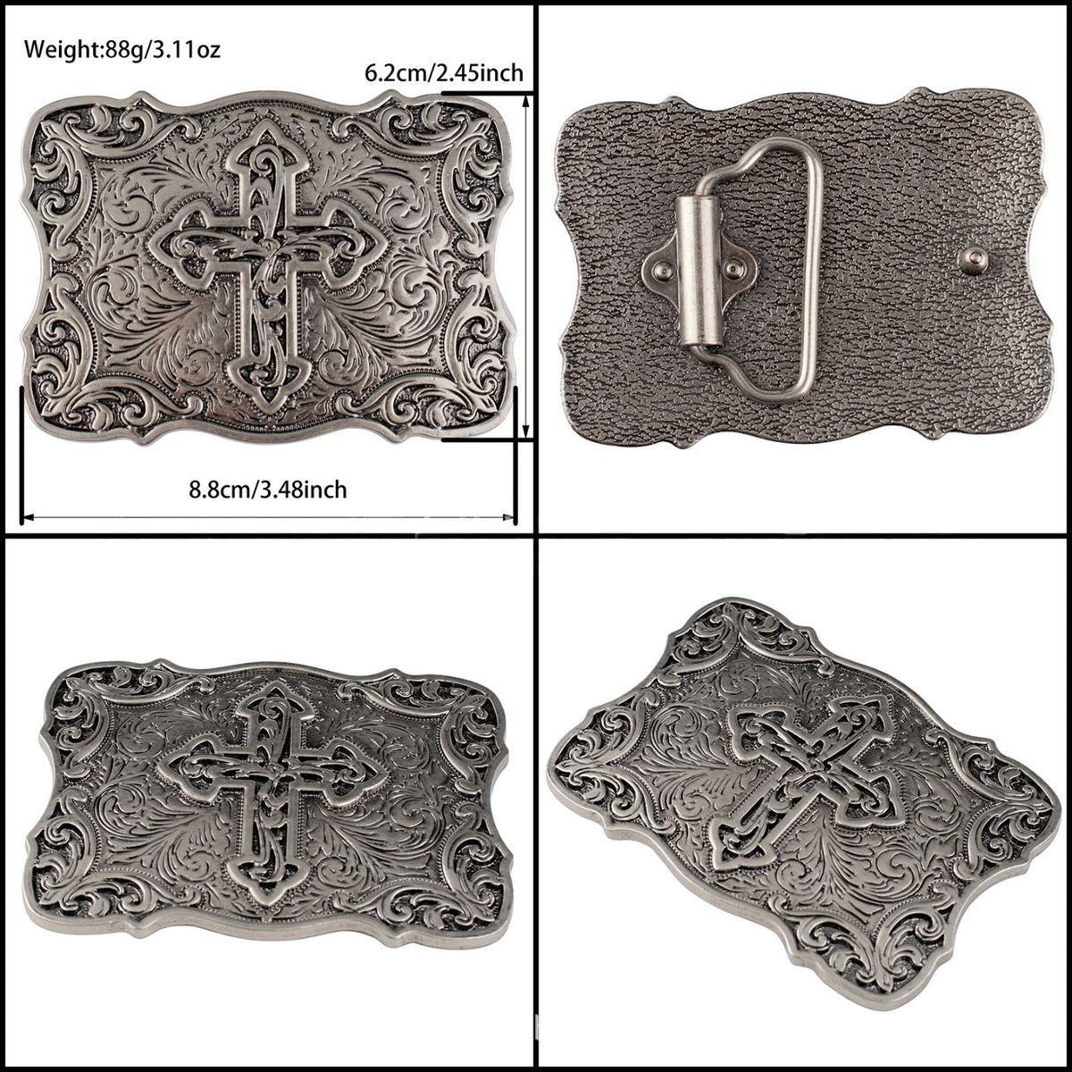 Western Cross Belt Buckle Antique Silver Floral Scroll Christian
