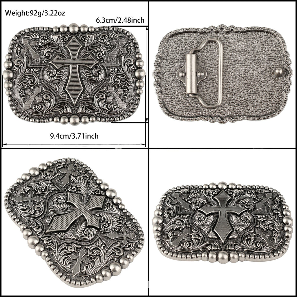 Western Cross Belt Buckle Antique Silver Floral Scroll Christian