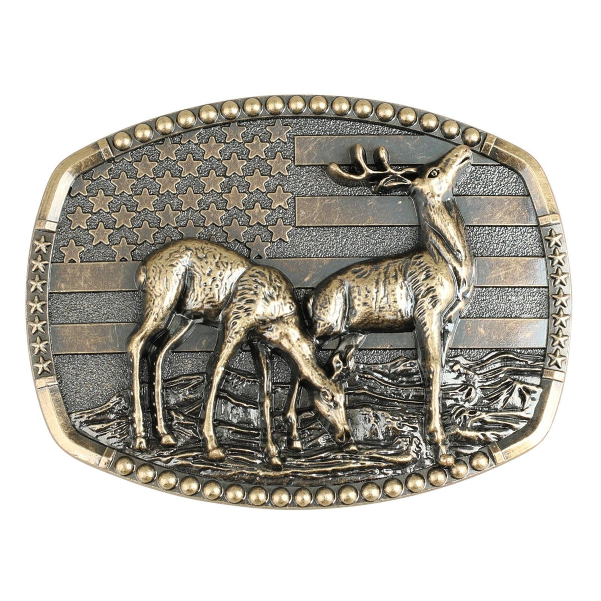 Western Deer Belt Buckle with American Flag