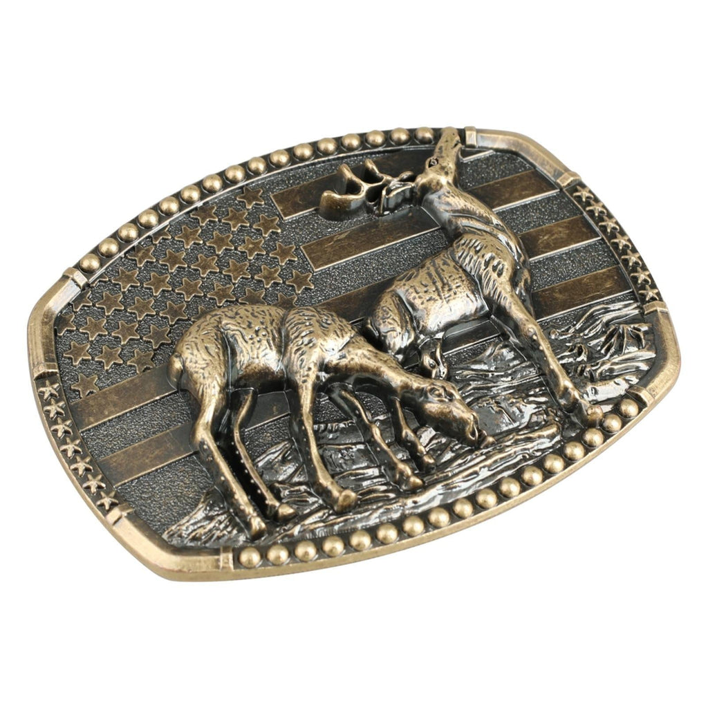 Western Deer Belt Buckle with American Flag