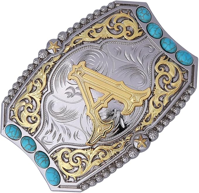 Western Initial Belt Buckle with Turquoise and Gold Silver Engraving
