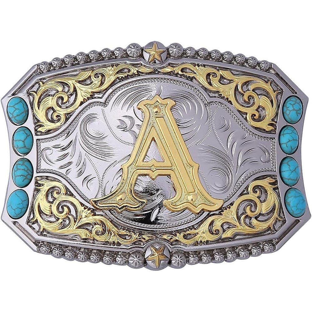 Western Initial Belt Buckle with Turquoise and Gold Silver Engraving