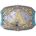 Western Initial Belt Buckle with Turquoise and Gold Silver Engraving