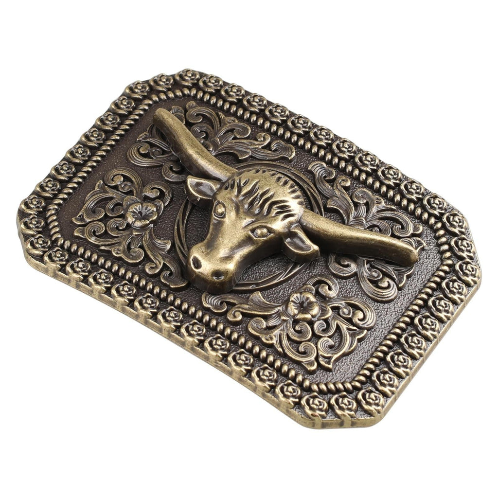 Western Longhorn Bull Belt Buckle Antique Bronze Floral Square Cowboy