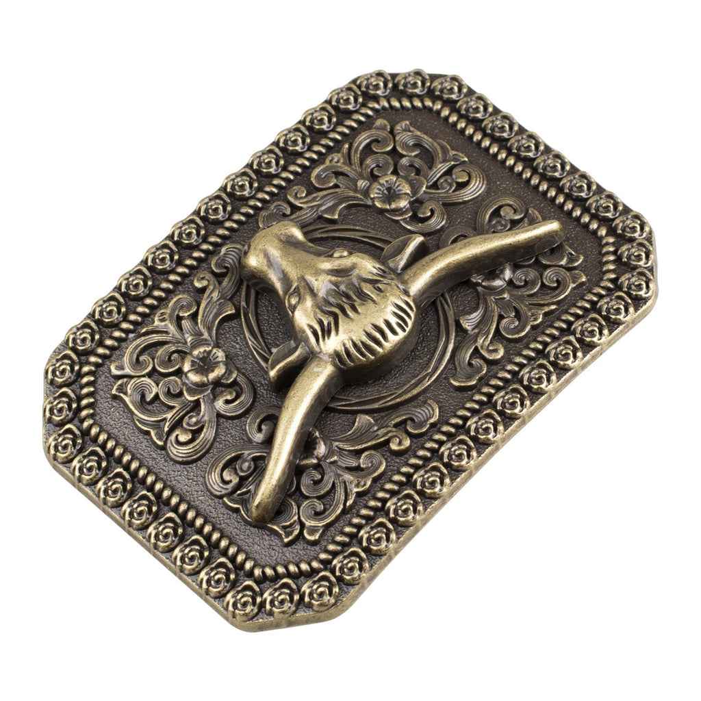 Western Longhorn Bull Belt Buckle Antique Bronze Floral Square Cowboy