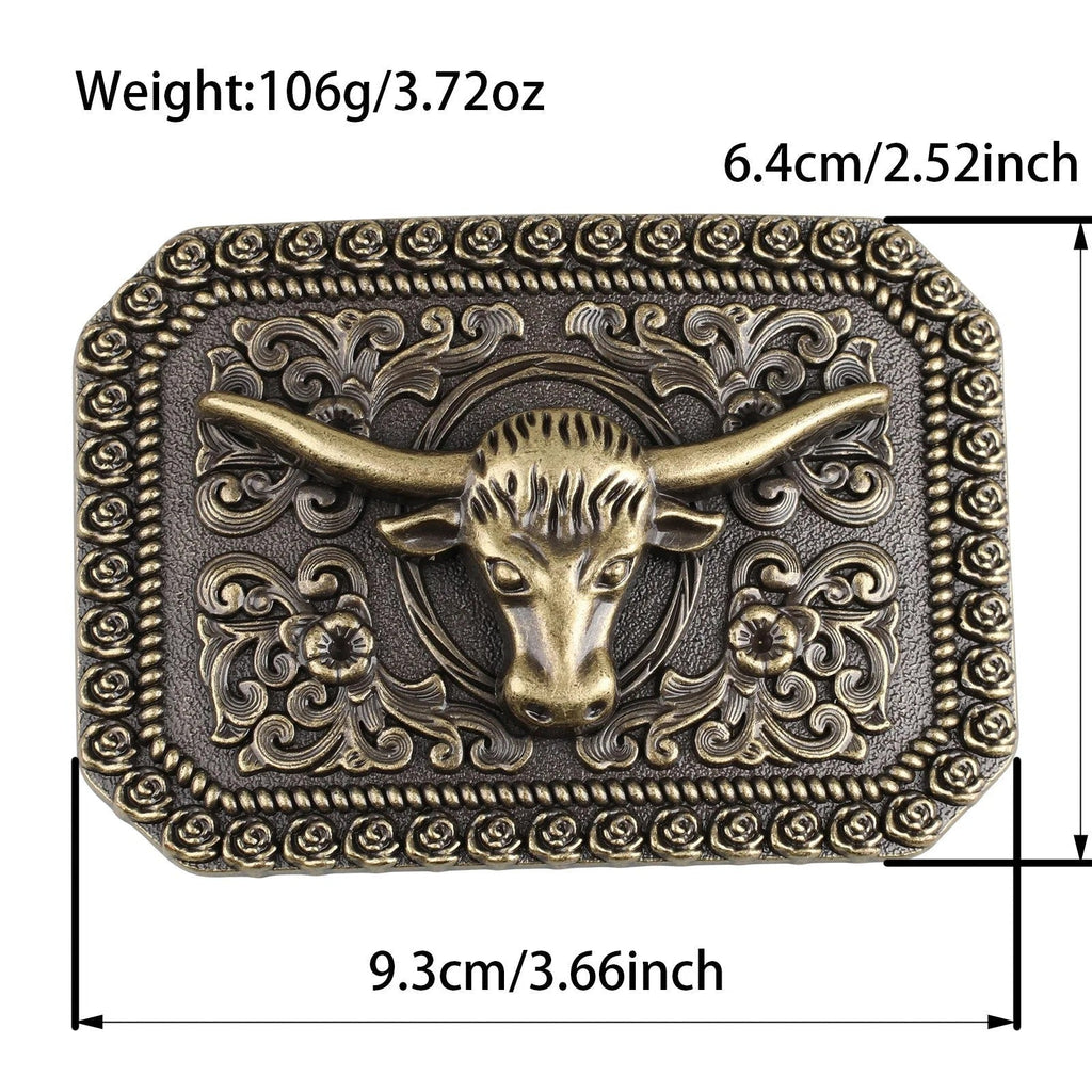 Western Longhorn Bull Belt Buckle Antique Bronze Floral Square Cowboy
