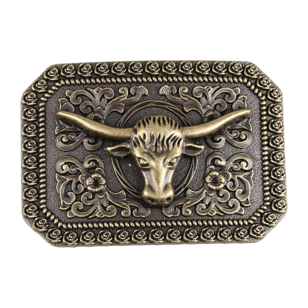 Western Longhorn Bull Belt Buckle Antique Bronze Floral Square Cowboy