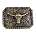Western Longhorn Bull Belt Buckle Antique Bronze Floral Square Cowboy