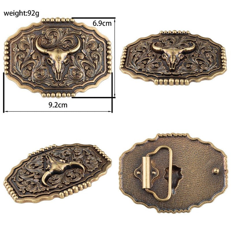 Western Longhorn Bull Skull Belt Buckle Antique Bronze Floral